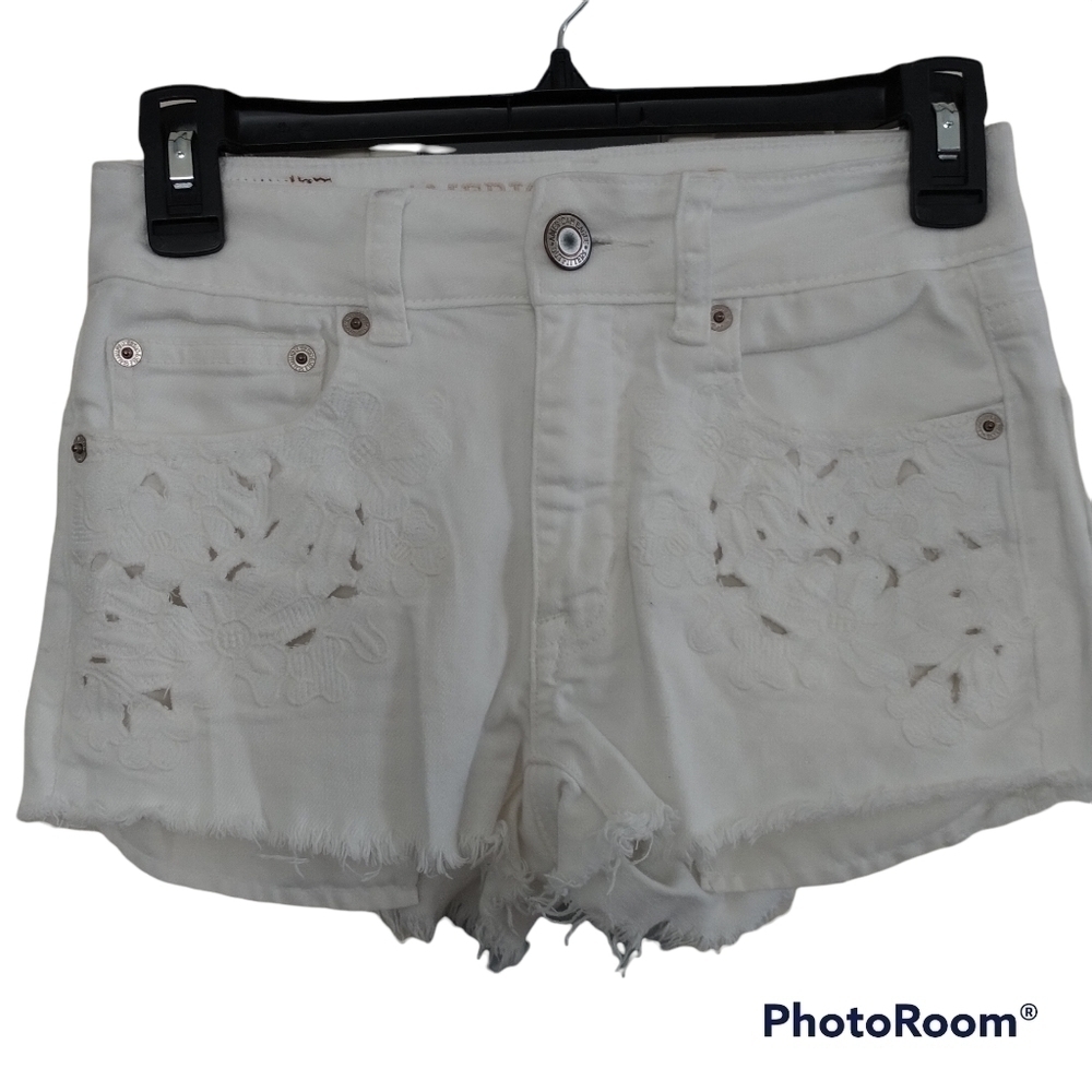 American Eagle "Hi-Rise Shortie" Denim White Lace Jean Shorts Sz 00